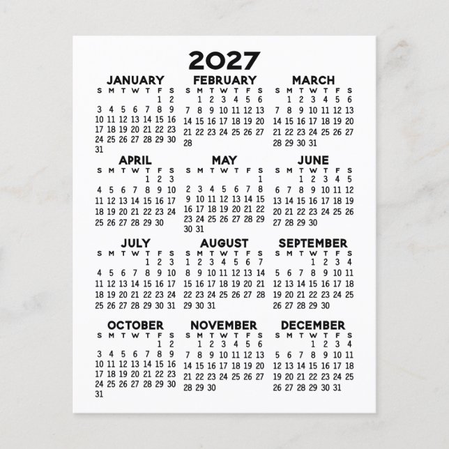 Calendrier Mini Vue Annuelle Complète Feuille Plat (Devant)