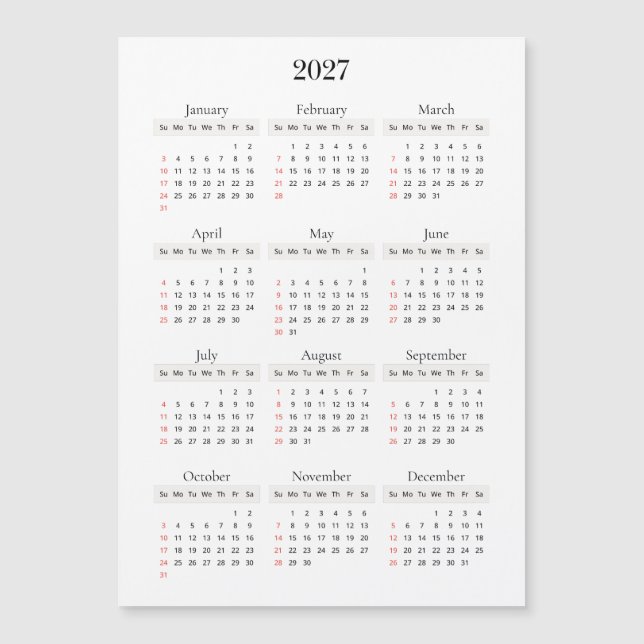 Calendrier Minimal Noir 2027 | Couleur de fond au  (Devant)