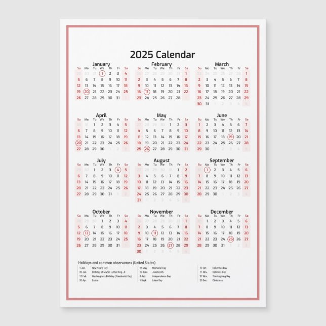 Calendrier minimaliste 2025 Carte magnétique rose (Devant)