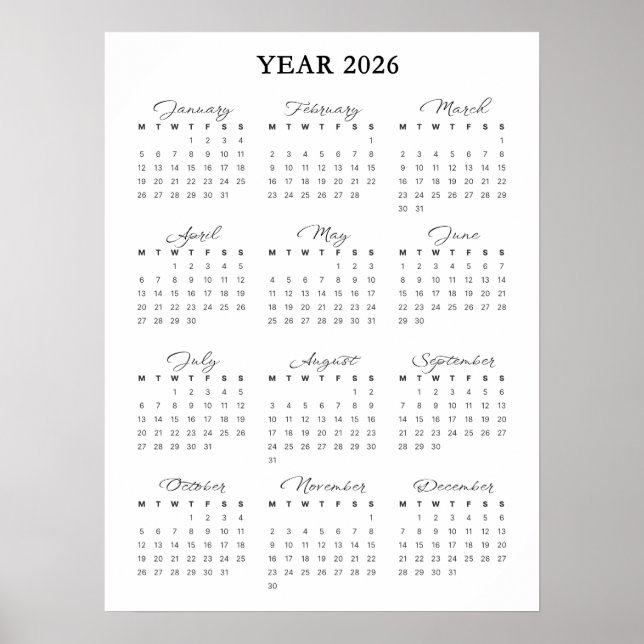 Calendrier Minimaliste 2026 Poster (Devant)