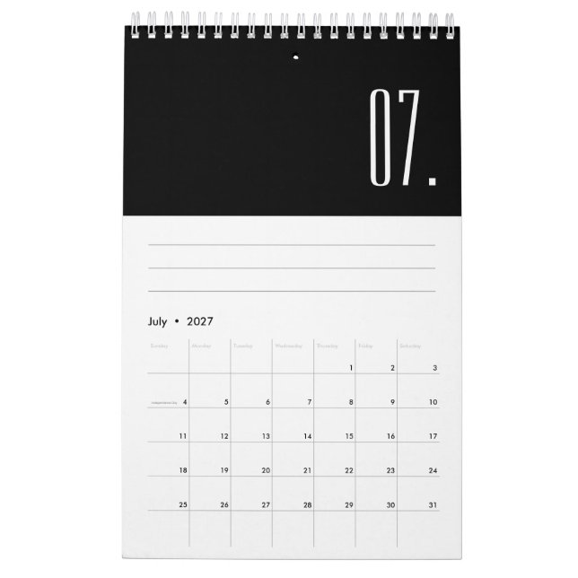 Calendrier Minimaliste moderne noir et blanc (Jul 2027)