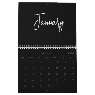 Calendrier Minimaliste Noir et Blanc Simple Script Toute Anné