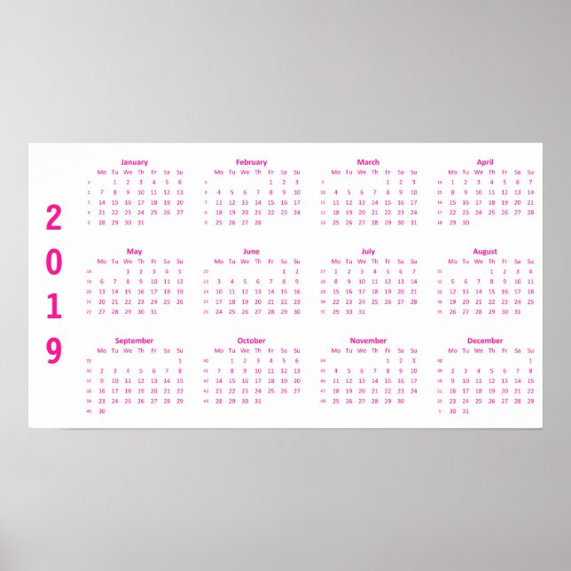 Calendrier minimaliste rose chaud Affiche 2019 (Devant)