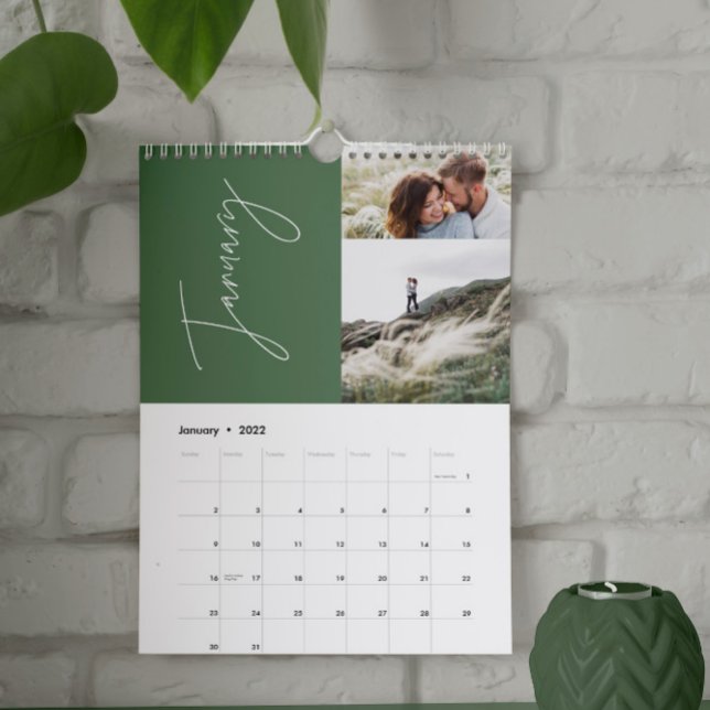 Calendrier Modern green minimale 2 photo family elegant (Créateur téléchargé)