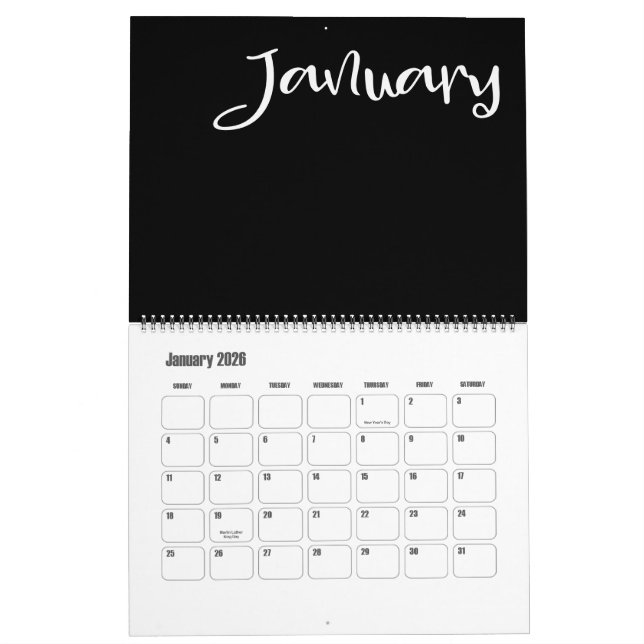 Calendrier moderne noir et blanc (Jan 2026)