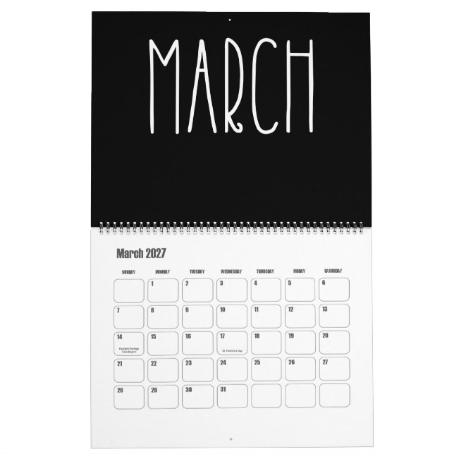 Calendrier moderne noir et blanc (Mar 2027)