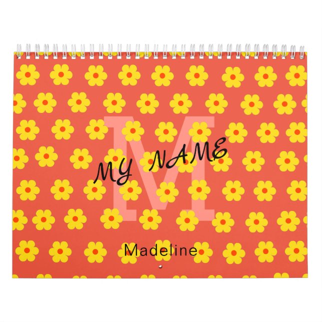 Calendrier Moderne simple fleurs orange jaune monogramme (Protection)