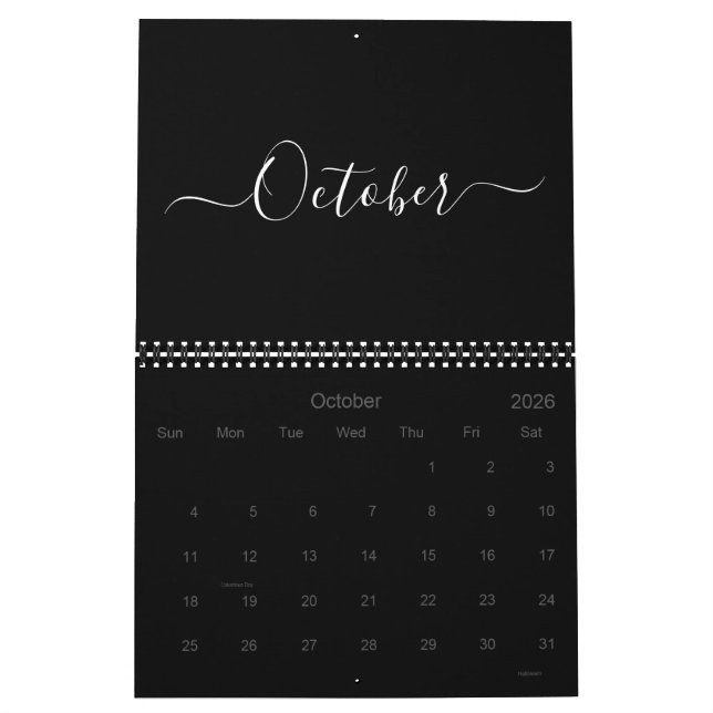 Calendrier Moderne simple noir blanc script mois 2024 (Oct 2026)
