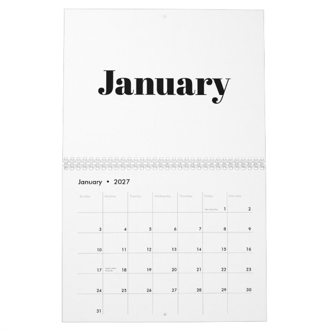 Calendrier Mois de typographie moderne blanc noir gras 2024 (Jan 2027)