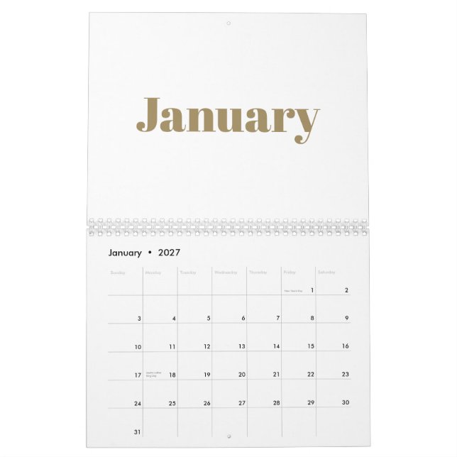 Calendrier Mois de typographie moderne or blanc audacieux 202 (Jan 2027)