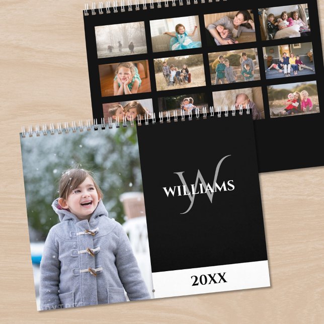 Calendrier Monogramme Moderne Photo Noir (Modern Monogram Black Photo Calendar, front/back)