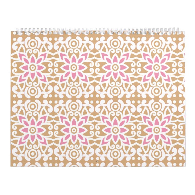 Calendrier motif de fleurs rose et blanche sur un dos brun (Protection)