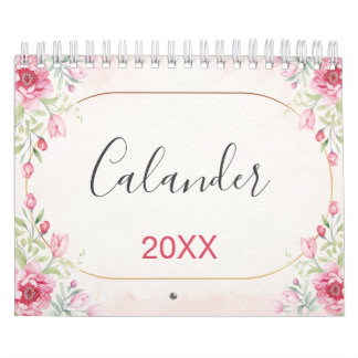 Calendrier Motif floral et feuilles dorées