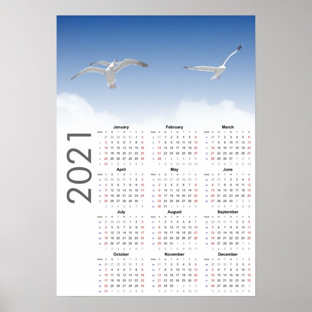 Calendrier Mouette 2021 Poster - dimanche en premi (Devant)