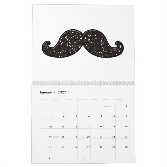 CALENDRIER MOUSTACHE DE PARTIES SCINTILLANTES DE NOIR (Jan 2027)