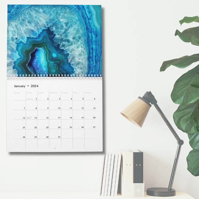 Calendrier Mur moderne bleu turquoise élégant (Blue Turquoise Geode Stone Simple Modern Wall Calendar)