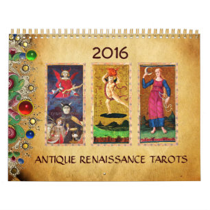 CALENDRIER MURAL ANCIENNE RENAISSANCE TAROTS PARCHEMENT FLORAL 2016