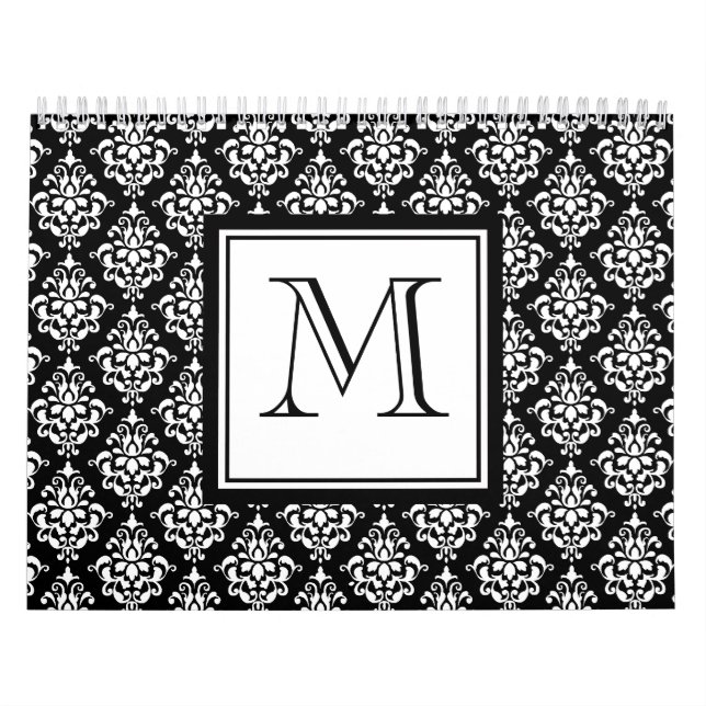 CALENDRIER MURAL DAMASSÉ NOIRE VINTAGE VOTRE MONOGRAMME (Protection)