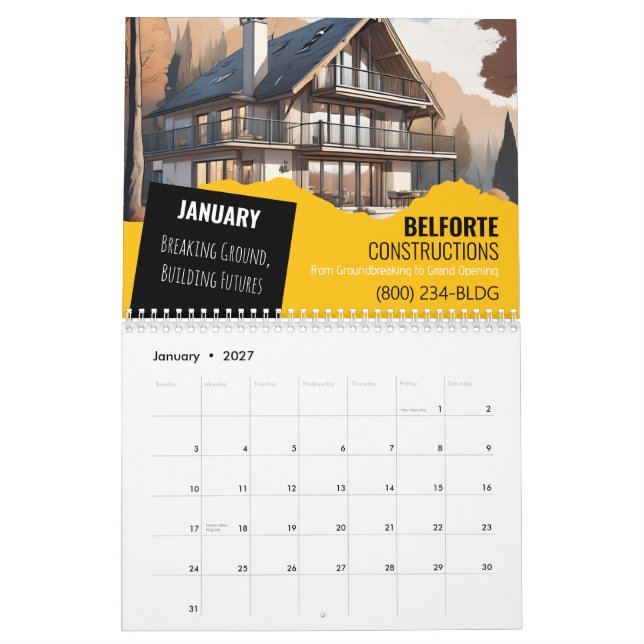 Calendrier mural de construction | Grue jaune et n (Jan 2027)