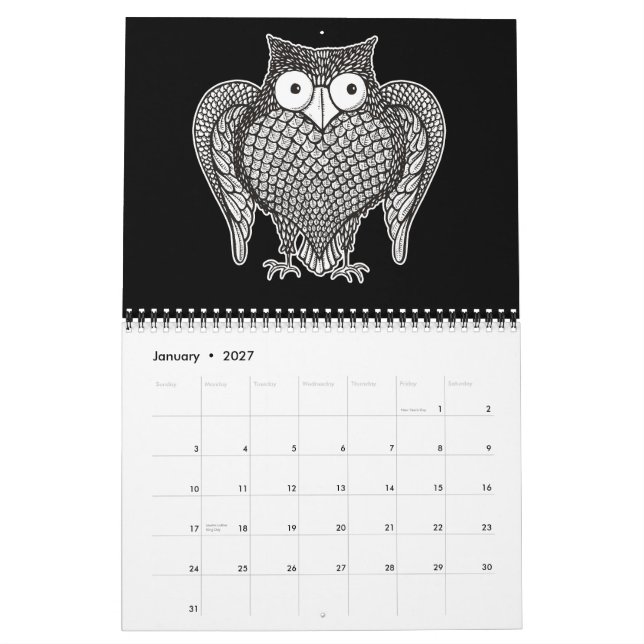 Calendrier Mural Dessin de croquis de hibou (Jan 2027)