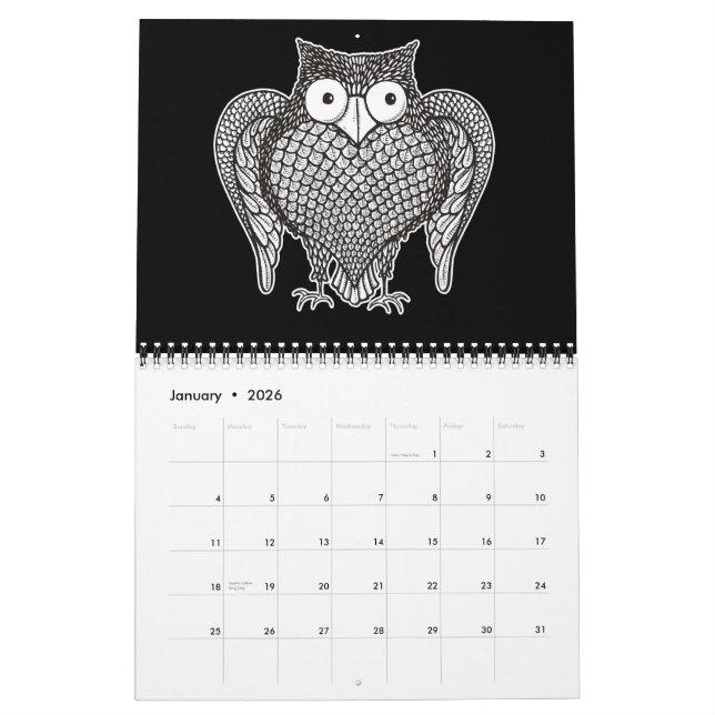 Calendrier Mural Dessin de croquis de hibou (Jan 2026)