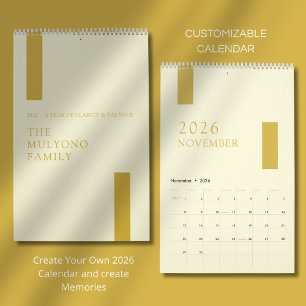 Calendrier mural minimaliste moderne 2026 en or