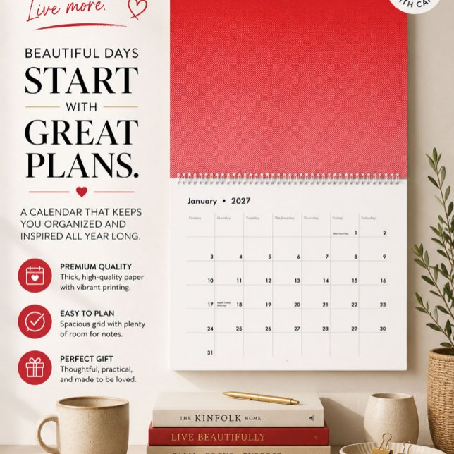Calendrier mural minimaliste rouge moderne (Créateur téléchargé)