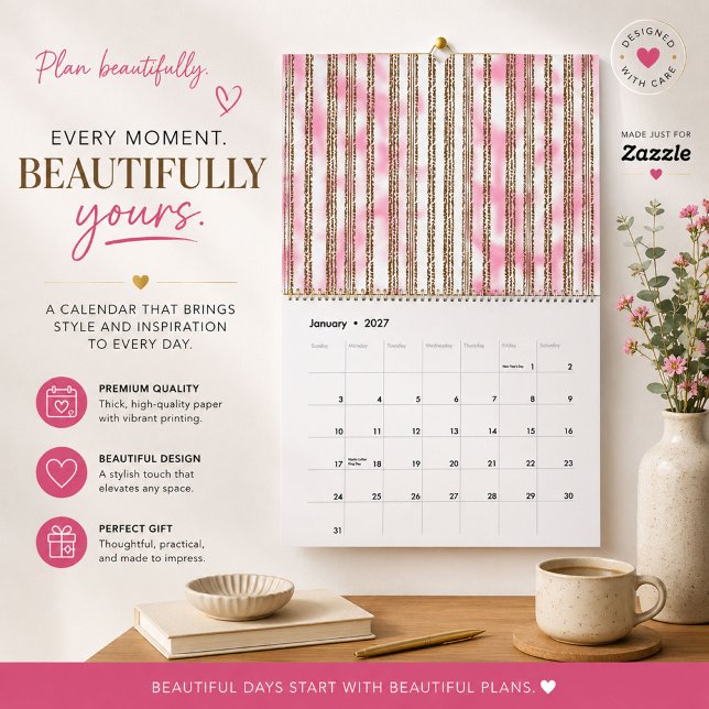 Calendrier mural rayé aquarelle rose (Créateur téléchargé)