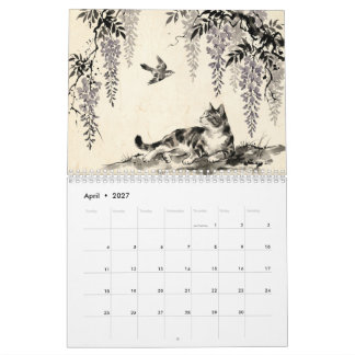 Calendrier mural Sumi-e Hanafuda Cats – 12 mois du