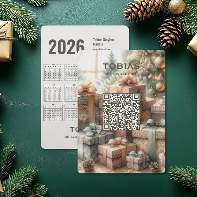 Calendrier Noël 2026 QR Code Carte de visite (Christmas 2026 Calendar QR Code Business Card (front and back))