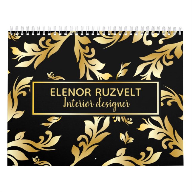 Calendrier Noir or élégant floral damask Luxe design (Protection)