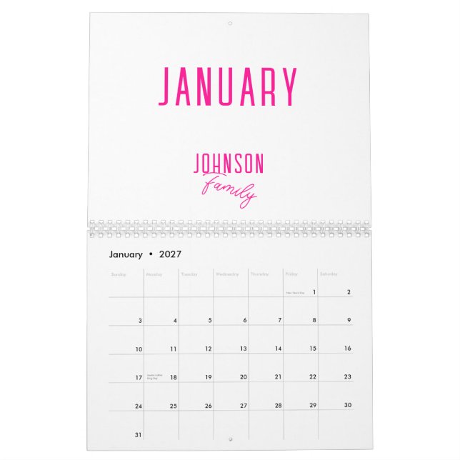 Calendrier Nom de famille simple Hot rose (Jan 2027)