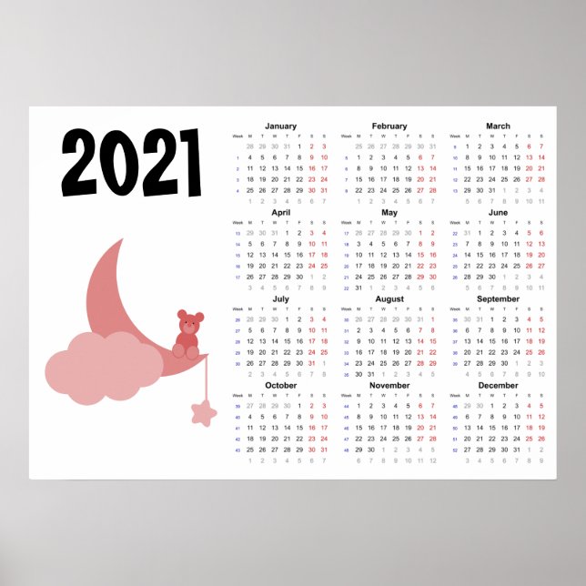Calendrier Ours en peluche 2021 Poster - Début lun (Devant)