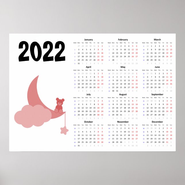 Calendrier Ourson 2022 Affiche - Début lundi (Devant)