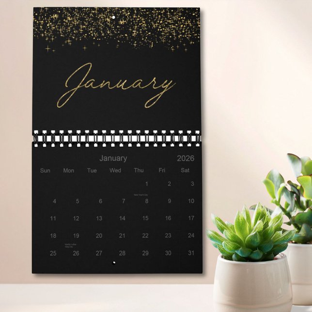 Calendrier Paillettes noires et dorées Élégant Moderne Script (In situ)