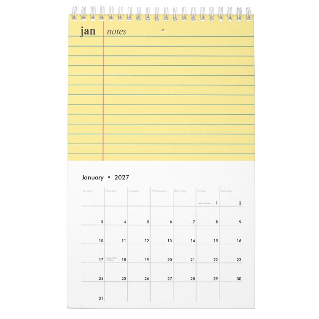 Calendrier Papier de cahier jaune ligné section notes (Jan 2027)