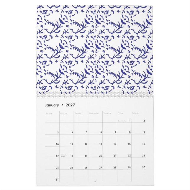 Calendrier Papier d'emballage bleu et blanc avec un graphique (Jan 2027)