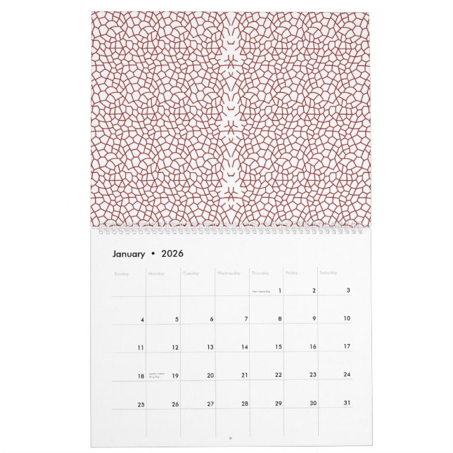 Calendrier papier peint rouge et blanc avec un motif (Jan 2026)