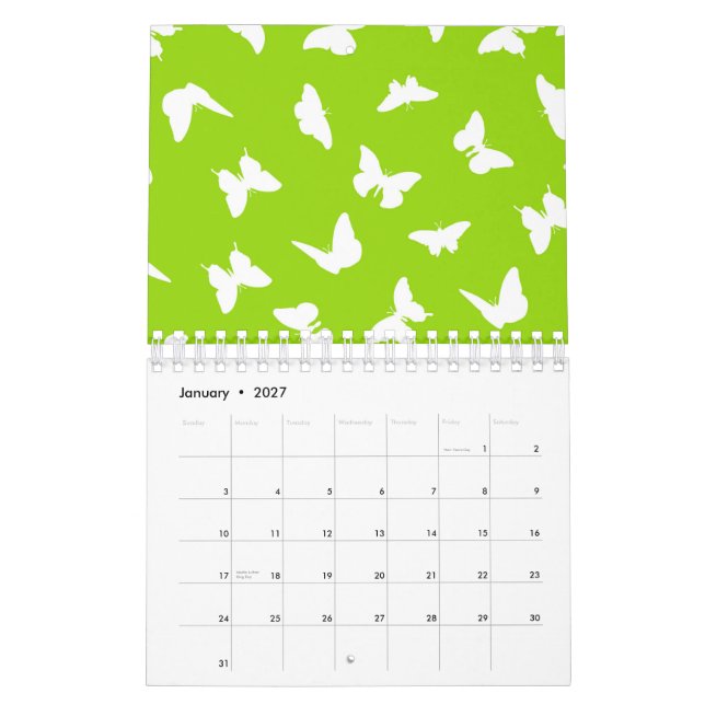 Calendrier Papillon blanc fond vert motif esthétique (Jan 2027)