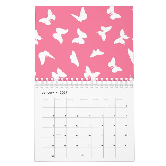 Calendrier Papillon blanc sur fond rose motif esthétique (Jan 2027)
