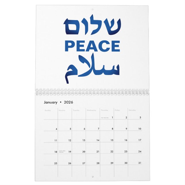 Calendrier Peace Shalom Salaam blanc & bleu typographie moder (Jan 2026)