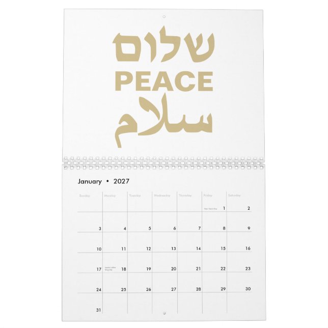 Calendrier Peace Shalom Salaam or blanc typographie moderne (Jan 2027)