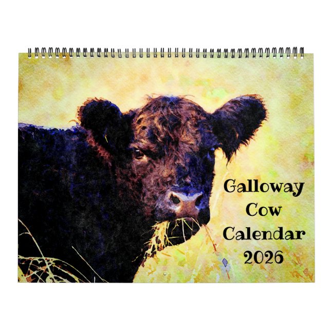 Calendrier Peinture à l'aquarelle de vache Galloway mignonne  (Protection)