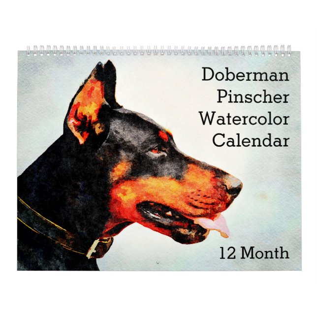 Calendrier Peinture aquarelle de chien Doberman Pinscher 12 m (Protection)
