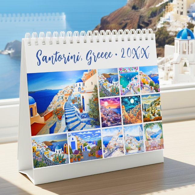 Calendrier Peinture de Santorin Grèce Bureau de voyage (Painting of Santorini Greece Travel Desk Calendar)