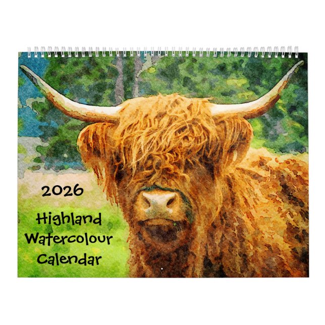 Calendrier Peintures à l'aquarelle de vaches Highland 2026 (Protection)