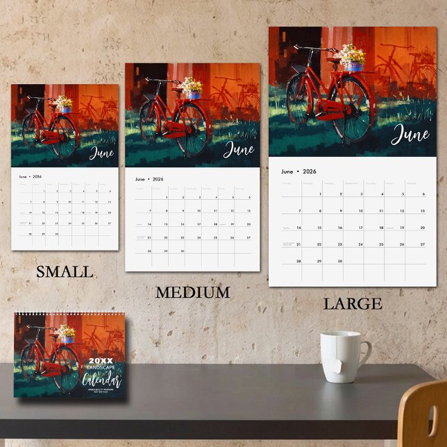 Calendrier Peintures de paysages taille MOYENNE (MEDIUM SIZE, Beautiful landscape paintings calendar, business or name on front & back)