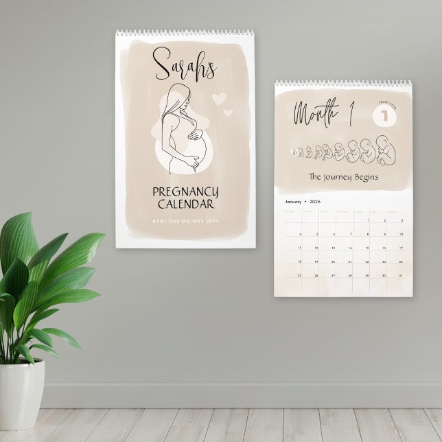 Calendrier personnalisé de grossesse, 9 mois de ma (Custom Pregnancy Calendar, Minimalist Beige Neutral Calendar 9 Months Maternity Calendar Keepsake)
