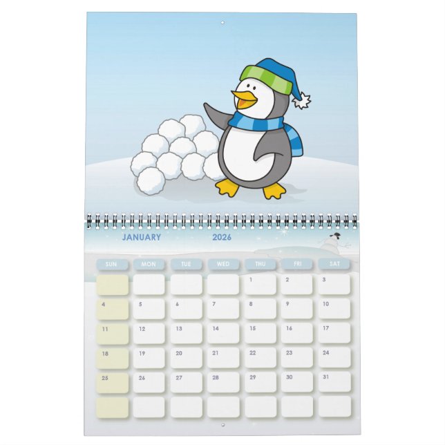Calendrier Petit manchot avec boules de neige agitant (Jan 2026)