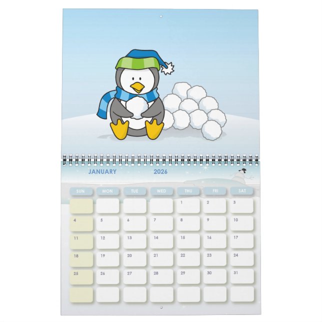 Calendrier Petit pingouin assis avec des boules de neige (Jan 2026)